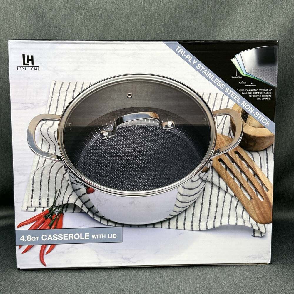 Lexi Home Tri-Ply Stainless Steel Nonstick Casserole Pot Dutch Oven 4.8 Qt NEW